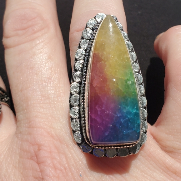 New Oversized Rainbow Solar Agate Quartz 925 Silver Statement Ring. - Picture 14 of 16